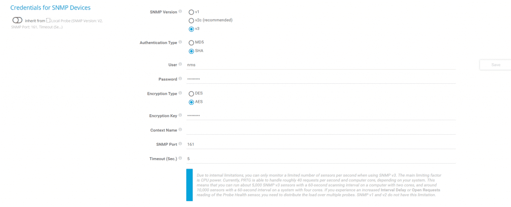 Configure SNMP v3 in PRTG